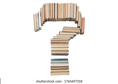 Question Mark Made Of Books Isolated On White Background. Book Letter Font Mockup From The Alphabet. Concept Of Education. Nobody