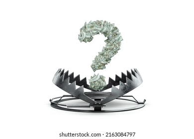 A Question Mark Made From Dollar Bills In A Large Metal Bear Trap. The Concept Of Mortgage, Dirty Money, Bribe, Corruption, Easy Money, Debt, Credit. Mixed Media