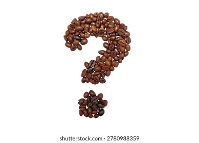 Question mark made of roasted coffee beans isolated on white background, creative concept for caffeine, curiosity, coffee culture, communication, and design themes.