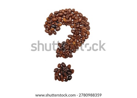 Question mark made of roasted coffee beans isolated on white background, creative concept for caffeine, curiosity, coffee culture, communication, and design themes.