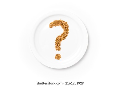 Question Mark Made Of Wheat Grains On White Plate. Concept Of Global Food Scarcity, Famine And Hunger. Food Shortage And Supply Chain Problems