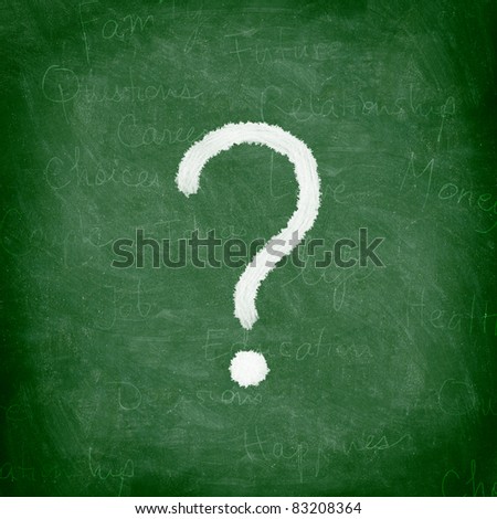 Question mark on green blackboard / chalkboard. Nice chalk and texture.
