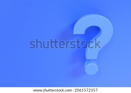 question mark on the plane 3d wall in blue with space to add content 