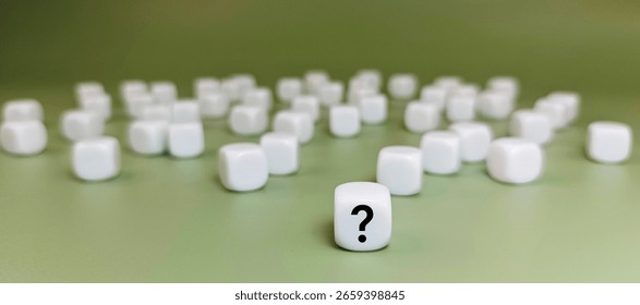 Question Mark on Single Dice with Many White Dice in Background Representing Uncertainty, Risk, Strategic Choice, and Probability in Decision Making. 