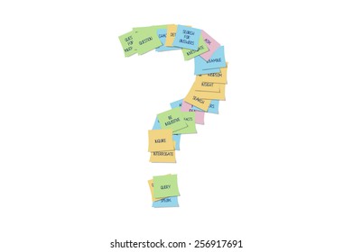 Question Mark Post it Notes: Question, Ask, Search, Inquire, Interrogate,Investigate, Speak isolated on white background