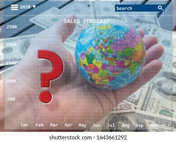 Question mark for sales forcasting on background of Earth money dollars and hand 