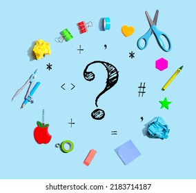 Question Mark With School Supplies Overhead View - Flat Lay