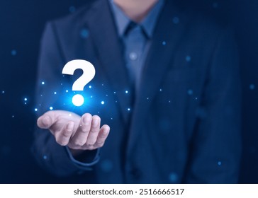 Question mark showing on laptop. Question, Technology, Brainstorming and problem solving. Businessman background.

