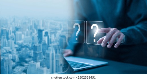 question mark shows on a laptop. concept of ask, answer, Business FAQ, Thinking, and wondering. question tech Brainstorming and problem-solving