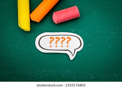 Question mark speech bubble on green chalkboard background.