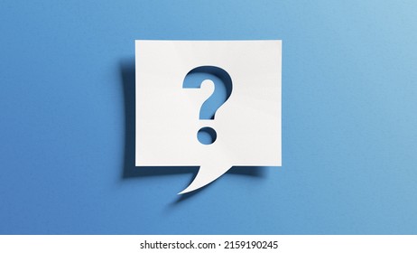 Question mark symbol for FAQ, information, problem and solution concepts. Quiz, test, survey, interrogation, support, knowledge, decision. Minimalist design with icon cutout paper and blue background.