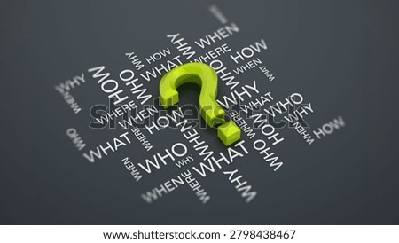 Question mark and question words on gray surface. 3D illustration.