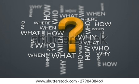 Question mark and question words on gray surface. 3D illustration.
