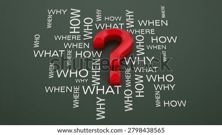 Question mark and question words on gray surface. 3D illustration.