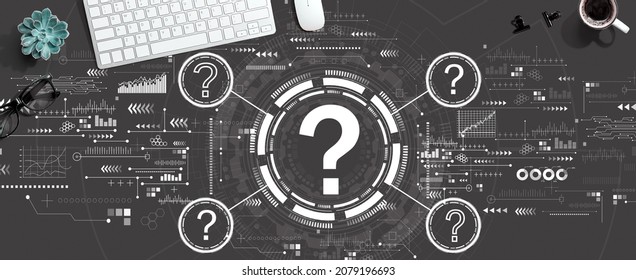Question marks with a computer keyboard and a mouse