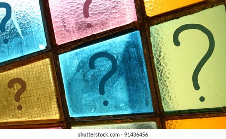 Question Marks Growing From Small To Big Size; Interrogation Marks Painted On Stained-glass Window