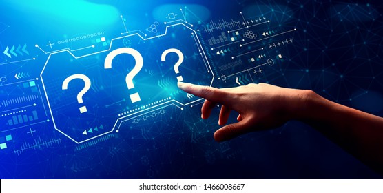 Question marks with hand pressing a button on a technology screen