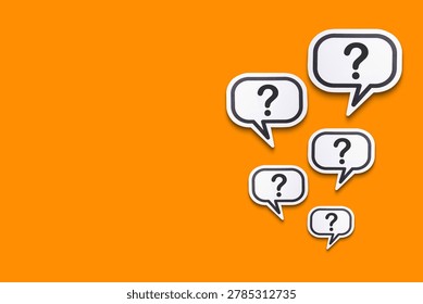 Question marks with speech bubbles on orange background	