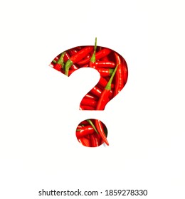 Question punctuation mark made of hot red chili peppers and cut paper isolated on white. Spicy veggie font