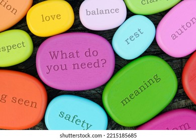 Question What do you need and names of basic human needs on colorful wooden stones.