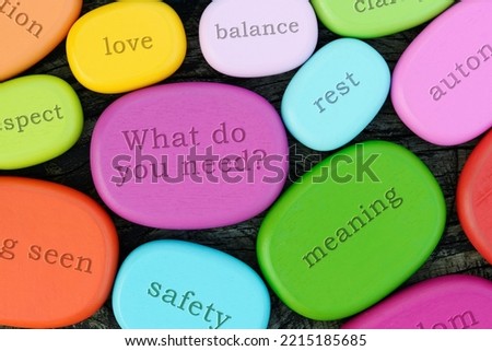 Question What do you need and names of basic human needs on colorful wooden stones.