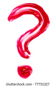 Question-mark shaped red fluid lips gloss samples, isolated on white