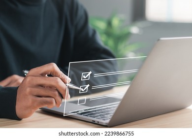 Questionnaire with checkboxes, filling survey form online, answer questions of test. Survey form concept. Education futuristic technology and learning concept. - Shutterstock ID 2239866755