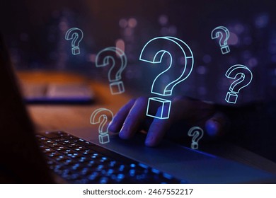 Questions, many quiestion marks, search answer online, FAQ concept, what where when how and why, find information on internet - Powered by Shutterstock