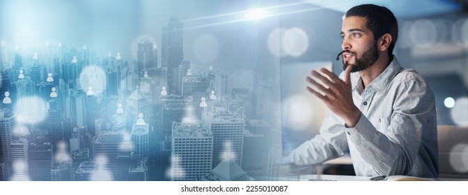 Questions, overlay or telemarketing consultant in a call center helping, talking or networking online. Hologram, faq or sales man in communication at customer services or technical support office - Powered by Shutterstock