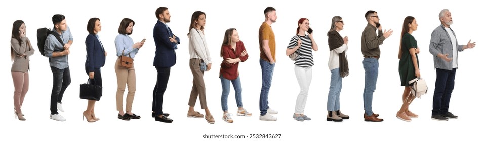 Queue of many people on white background