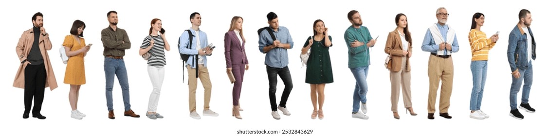 Queue of many people on white background