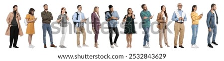 Queue of many people on white background
