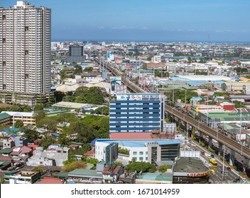 Quezon City, Metro Manila, Philippines - March 2020: Aerial Of EDSA (Epifanio De Los Santos Avenue) And The Elevated Railway Of MRT.