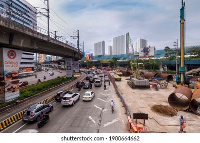 Quezon City, Metro Manila, Philippines - Jan 2021: EDSA, And SM City North Edsa. Several Caissons Liners Are In Place For A Infrastructure Project.