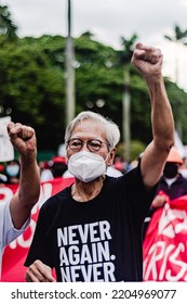 Quezon City, Philippines - September 21 2022: A Martial Law Survivor Participated The Protest To Mark The 50th Anniversary Of Declaration Of Martial Law In The Philippines.