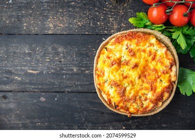 Quiche Pie Chicken And Mushrooms Poultry Turkey Meat, Filling Vegetables, Cheese Meal Snack On The Table Copy Space Food Background Rustic. Top View