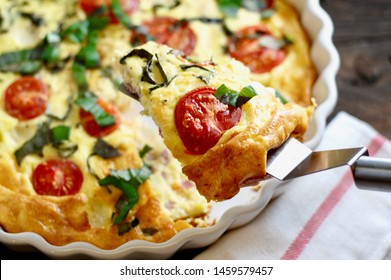 Quiche with tomato and basil, breakfast, brunch, egg quiche, healthy eating, cheese quiche