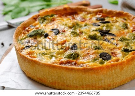 Quiche with Vegetables, Homemade Open Pie, Savory Tart on Bright Background