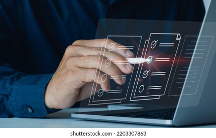 Quick checklist and clipboard task management, filling survey forms online. Document Management System (DMS) and process automation to efficiently manage files, Corporate business technology. - Shutterstock ID 2203307863