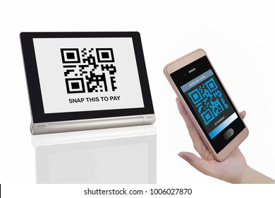 Quick pay by QR code scanning on smartphone, finance technology concept