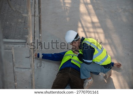 A quick-response scene shows a worker administering first aid at a construction site emergency.