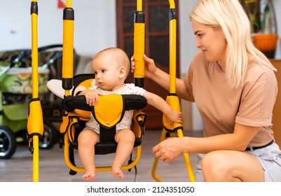 Quiet Cute Baby Boy In A Swing Home