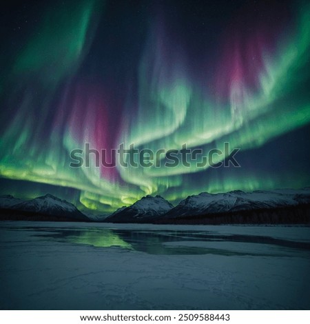 In the quiet embrace of the night sky, the subdued aurora borealis unfurls like a whispered secret. Its gentle hues of pale green and soft violet ripple across the horizon, casting a serene glow.