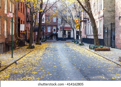 Quiet Empty Commerce Street In The Historic Greenwich Village Neighborhood Of Manhattan, New York City