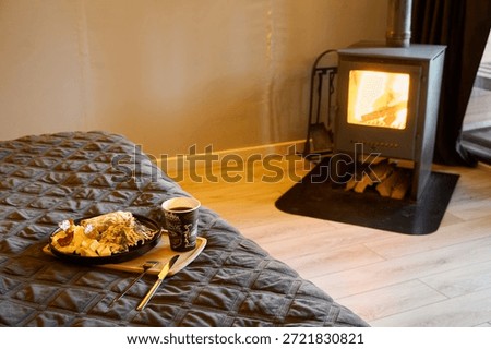 Quiet And Inviting Rustic Breakfast Setting, Serene And Comfortable Morning By Fire With Breakfast