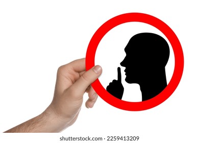 Quiet Please. Man holding sign with shush gesture image on white background, closeup - Shutterstock ID 2259413209