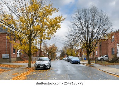 Quiet residential street lined with autumn trees and cars in Brighton, Massachusetts, USA - Powered by Shutterstock