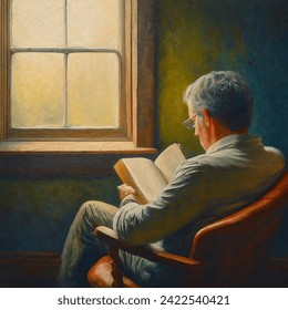 Quiet, serene atmosphere, engrossed middle-aged man, viewed from behind, sitting in a chair by a window, reading a book, soft, warm light from outside gently illuminating the page, contrasting with the room's darkened interior, all brought to life with
