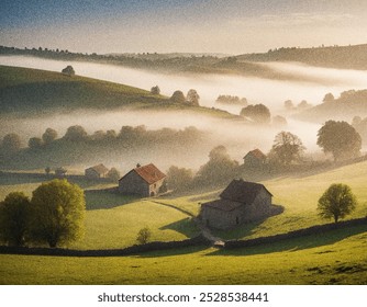 A quiet village nestles in the mist of a foggy morning, surrounded by rolling hills. Ideal for capturing tranquil rural landscapes. - Powered by Shutterstock