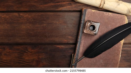 Quill, Inkwell, Old Book And Parchment Scroll On Wooden Table, Flat Lay With Space For Text. Banner Design